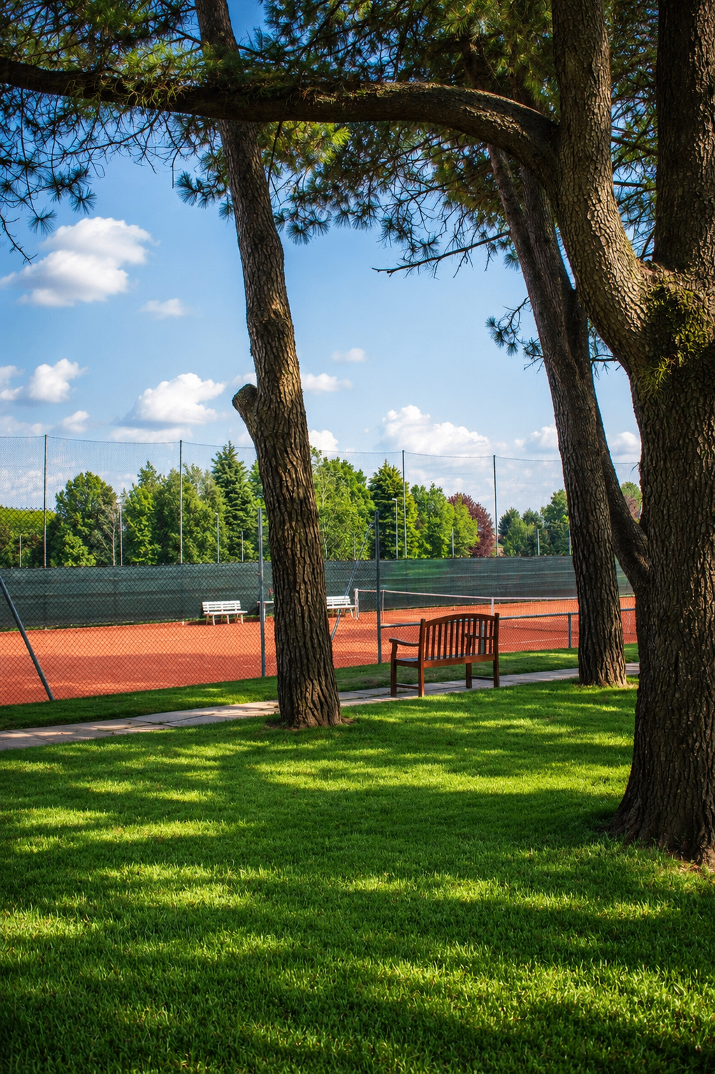 Panchina tra due grandi alberi accanto ai campi da tennis