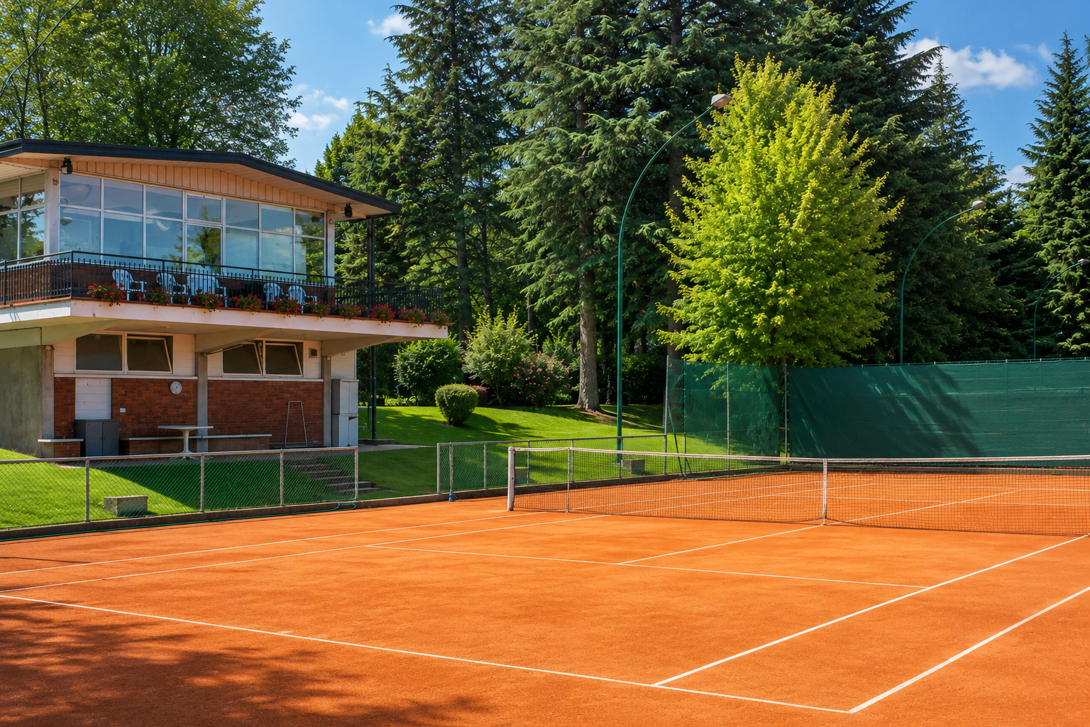 Campo in terra rossa con clubhouse e balcone sullo sfondo
